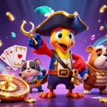 Experience the excitement at 8xbet with vibrant casino characters surrounded by golden coins and game elements.