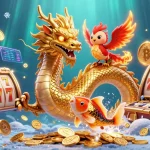 Engage with sam86 in a vibrant casino scene featuring a golden dragon and playful phoenix.