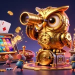 Engage with Chăm sóc khách hàng featuring a golden owl scanning a vibrant casino scene.