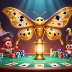 M98 players engaging in a dynamic poker scene with golden moths and vibrant casino elements.