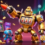 Mebet embodies thrilling casino entertainment with a golden gorilla mech amidst vibrant gaming elements.