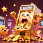 Engage with Vua88 as a thrilled slot machine wins a jackpot, surrounded by cheering mini slot machines and arcade elements.