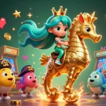Situs mahjong offers vibrant casino gaming with a mermaid princess, giant seahorse, and colorful fish in this dynamic illustration.