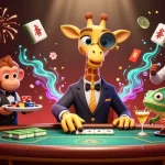 Experience the thrill of playing rikvip with a vibrant casino scene featuring a giraffe in a suit and a monkey valet.