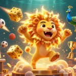 Experience thrilling 11WIN casino action with vibrant slot symbols and roaring lion in vivid art.