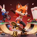 Engage with link 98win through a vibrant scene featuring cartoon characters performing casino tricks and fun.