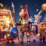 Experience the excitement of go88 with a dynamic medieval-themed casino scene featuring a slot machine bursting with jackpots and playful characters.