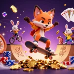 Experience the excitement at hello88 com with a dynamic scene of a skateboarder fox and BMX rabbit amidst casino-themed visuals.