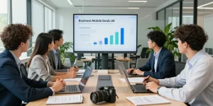 Team collaborating on business mobile deals UK in a modern office with laptops and presentation screens.