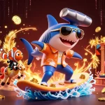 Iwinclub features a vivid casino scene with a shark surfing gold coins, adding thrill to your online gaming.