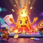 Win big at alo789 with a jackpot scene featuring a golden volcano erupting treasures and excited explorers.