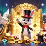 Hitclub magician rabbit conjuring golden coins amidst dazzling casino treasures