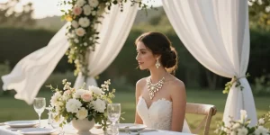 Bridal elegance with stunning white gold wedding jewellery amidst an enchanting wedding scene.