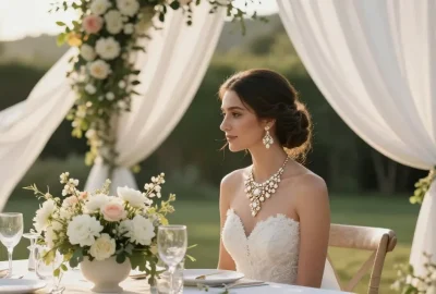 Bridal elegance with stunning white gold wedding jewellery amidst an enchanting wedding scene.
