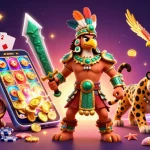 Experience the thrill of man88 with our vibrant 3D casino action illustration featuring Aztec warriors and slot games.