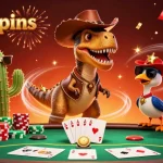 Engage with stellarspins featuring a cowboy T-Rex and friends betting at a poker table illustration.