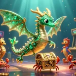 ku88 casino-themed illustration with a sea dragon, slot reels, and vibrant arcade elements