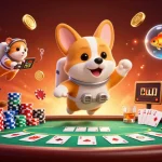 Experience Fabet's thrilling atmosphere with a floating astronaut corgi amidst poker chips and golden coins.